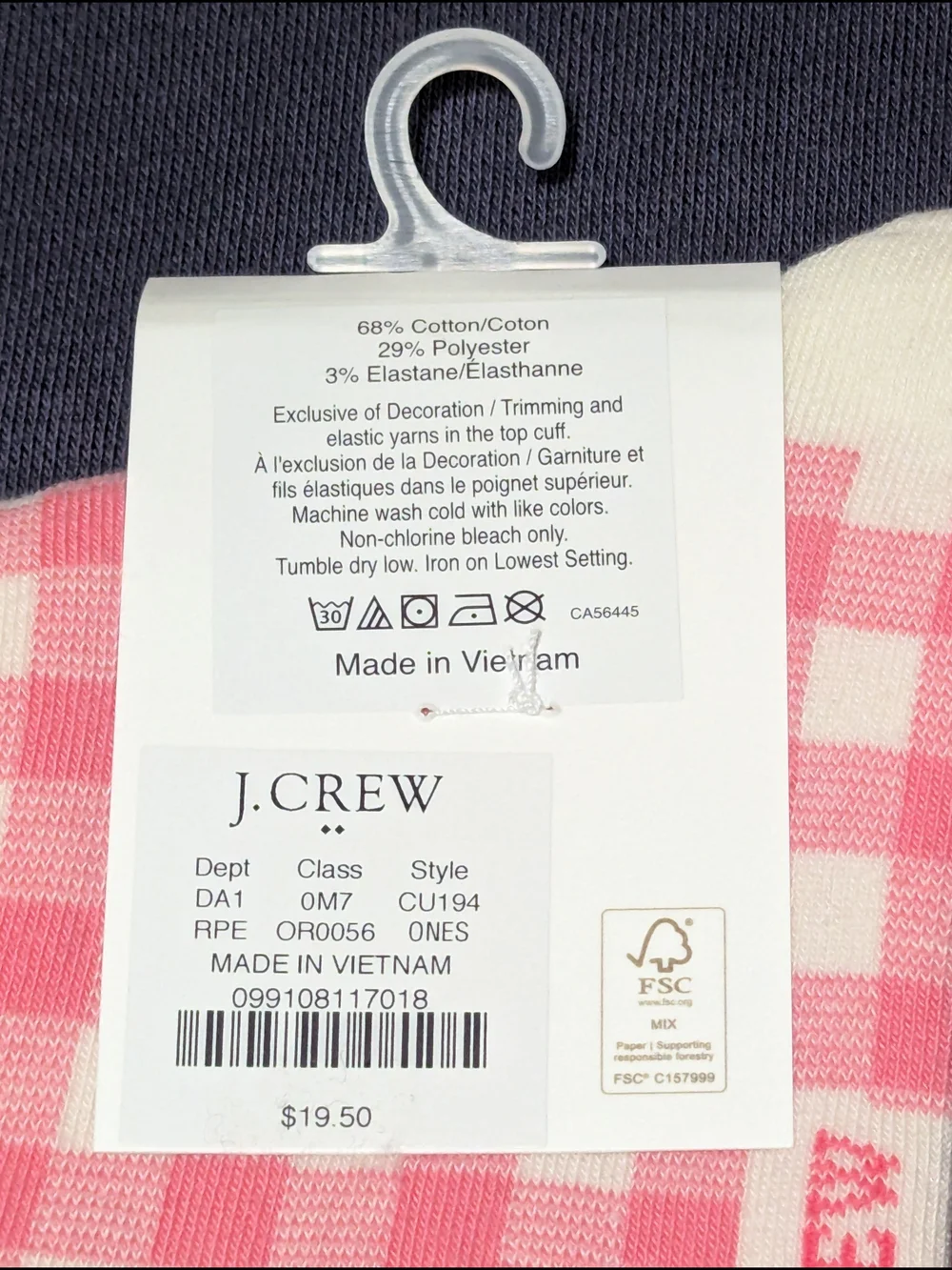 NWT J. Crew Embroidered Palm Tree Gingham Boot Socks One Size (Pink White)